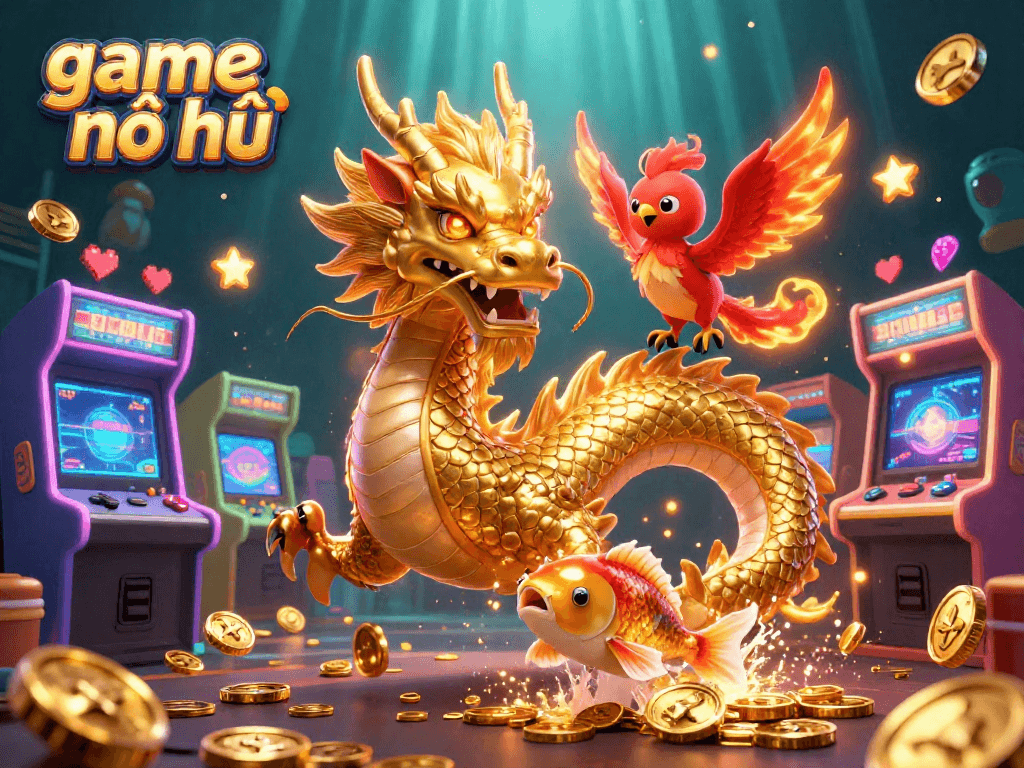 Engage in game nổ hũ with a vibrant scene showcasing a golden dragon, phoenix, and koi fish amidst 3D arcade elements.