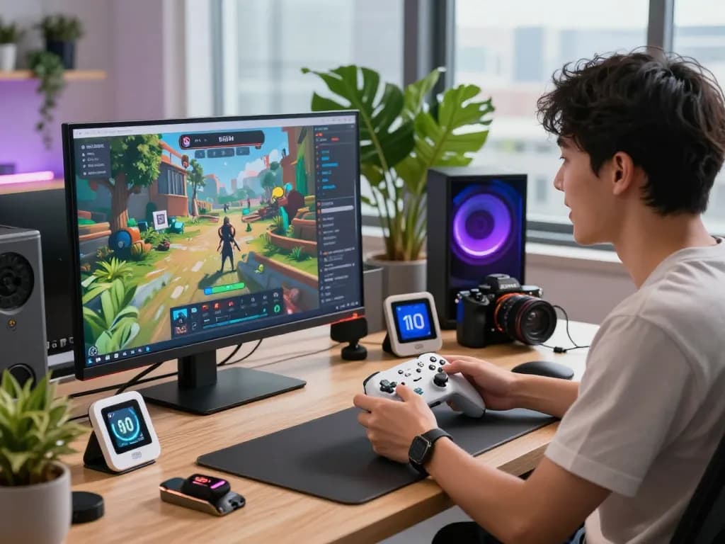 Explore top 10 tech gadgets 2067 in a vibrant workspace with Bluetooth devices and gaming controllers.