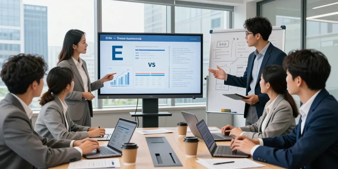 Business professionals comparing EE vs Three business plans in a modern conference room, showcasing teamwork and strategy.