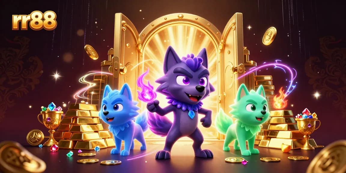 Experience thrilling gaming at rr88 with a vibrant scene of shadow wolves and golden treasures.