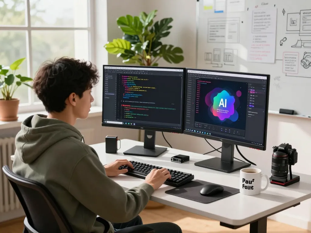 Developer using Clawdbot integration in a modern tech workspace with dual monitors.