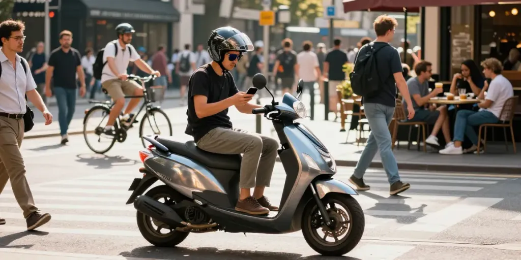 Noleggio a lungo termine Kymco in una vivace scena urbana con scooter parcheggiato e pedoni.