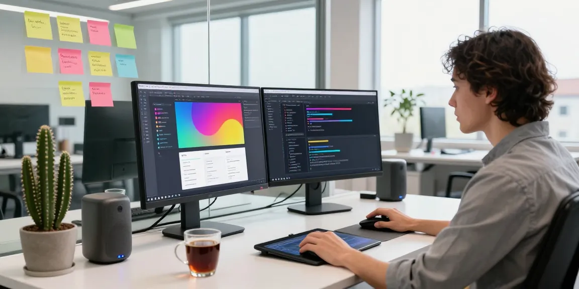 Dynamic workspace at WPS Official Website, showcasing a designer focused on UI and code with modern tech.
