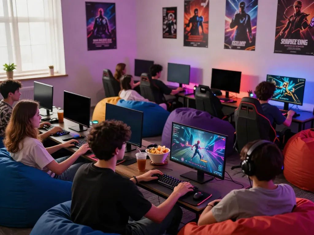Friends enjoying rokok88 alternatif gaming experience in a vibrant lounge.