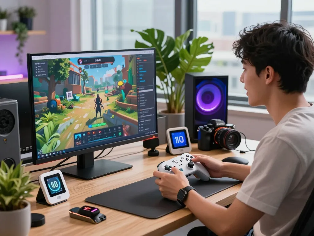 Explore top 10 tech gadgets 2067 in a vibrant workspace with Bluetooth devices and gaming controllers.