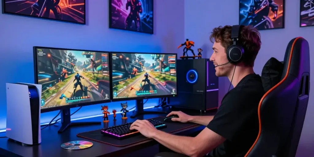 Engaging gaming workspace showcasing rokok88-themed gaming gear and vibrant atmosphere.