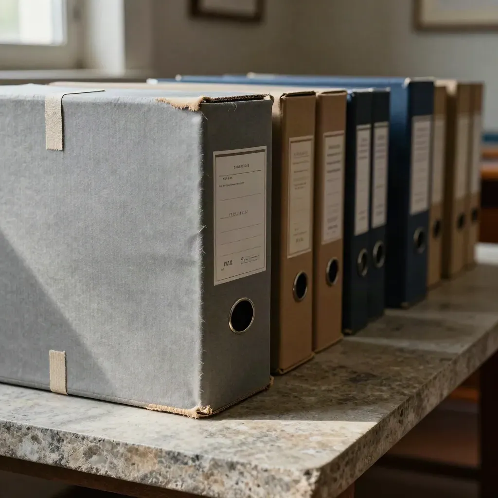 Scatole d'archivio in sequenza su tavolo di pietra, con luce radente e polvere sospesa.