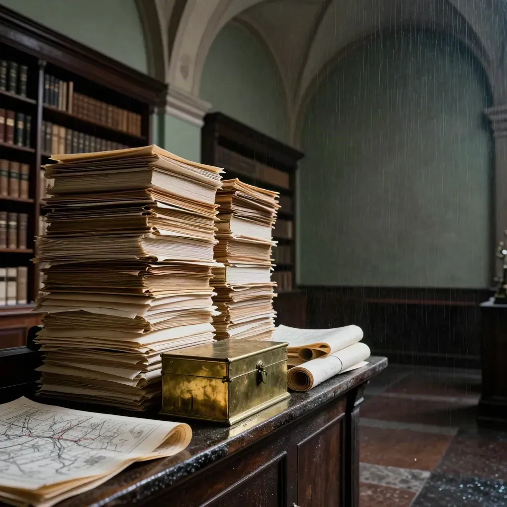Archivio storico con registri parrocchiali, mappe arrotolate e una cassa d’archivio in luce drammatica.