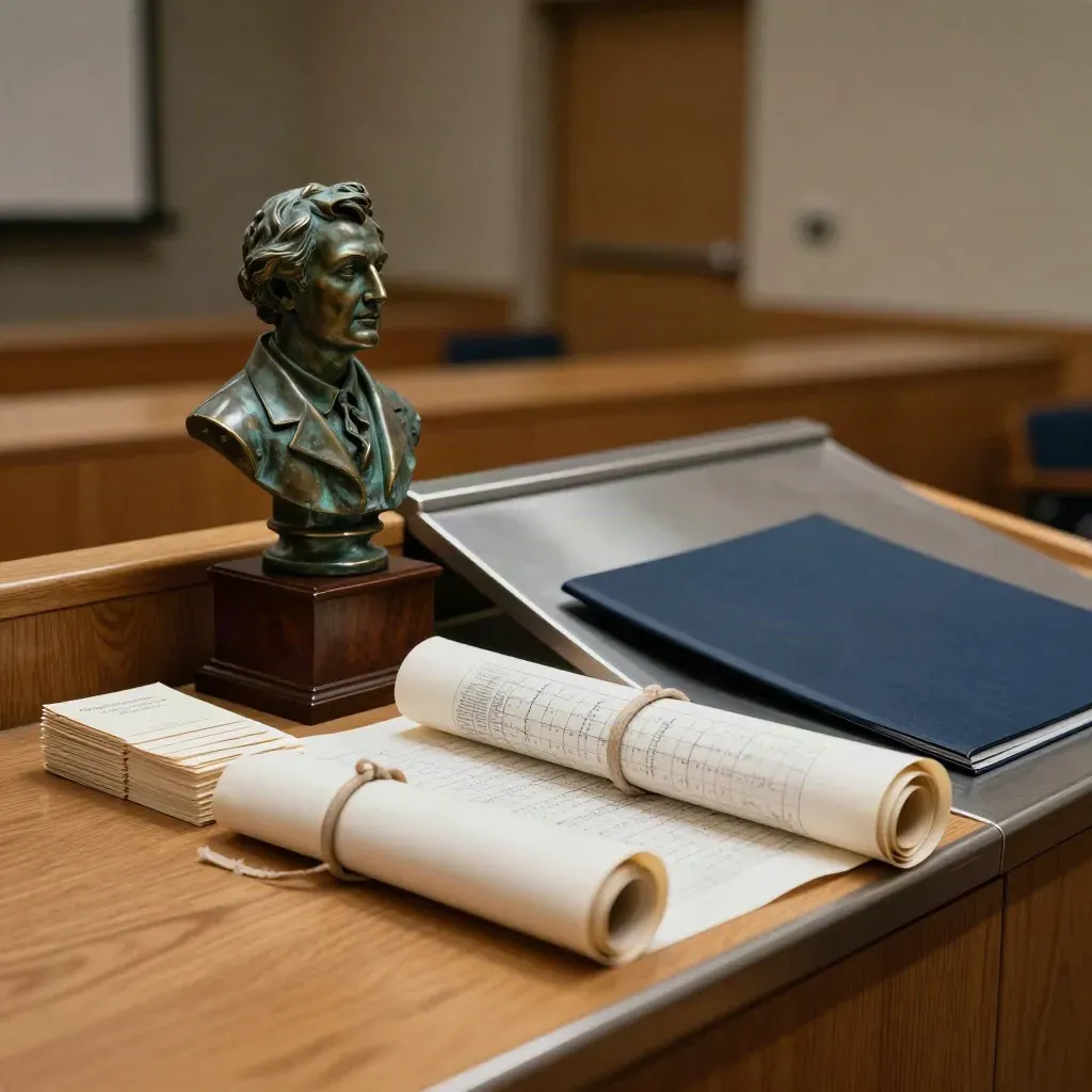 Busto bronzeo, cartoncini capovolti e timeline arrotolata su un leggio da lezione