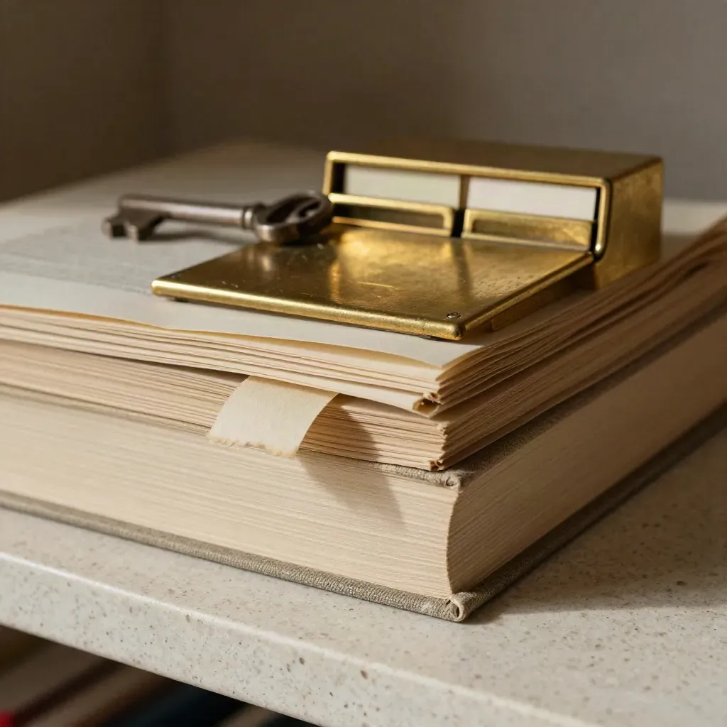 Monografia, segnalibro d’archivio e scatola in ottone su travertino