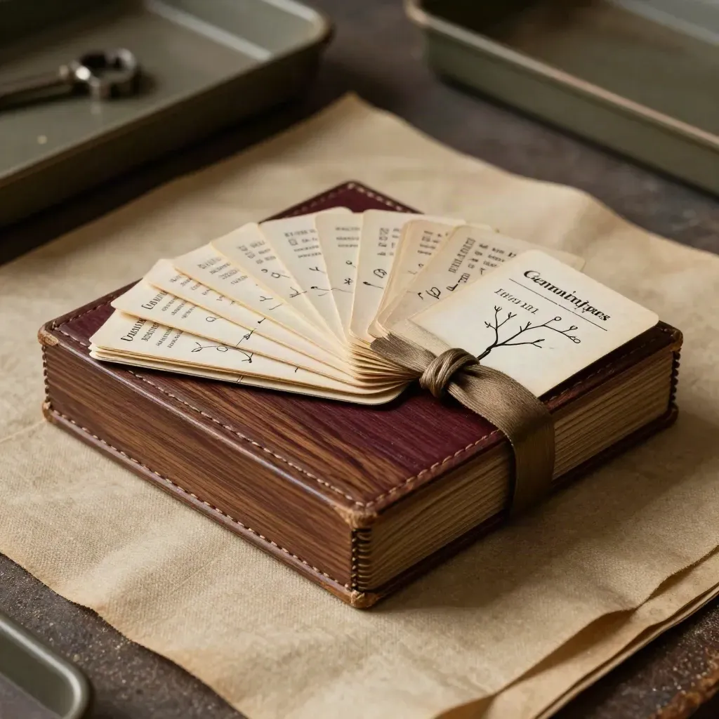 Scatola genealogica con carte di famiglia e nastro bordeaux su lino grezzo.