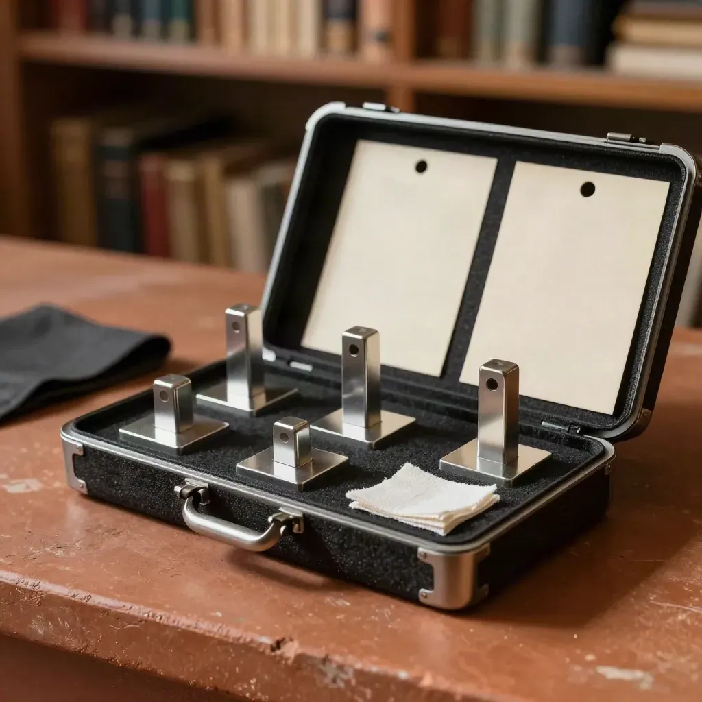 Kit museale con supporti, angoli in foam e tag archivistici su base in terracotta.