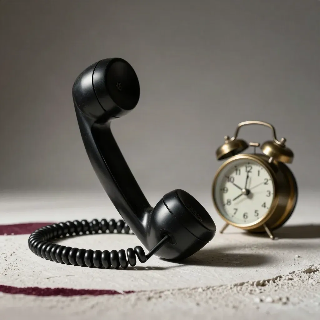 Ricevitore nero di telefono vintage e sveglia in ottone su fondo chiaro, luce morbida.
