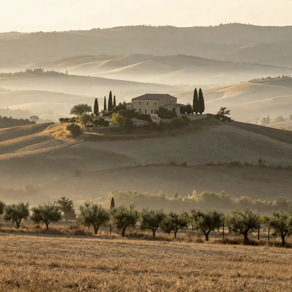 Colline del Chianti all’alba con casale in pietra e cipressi nella nebbia.