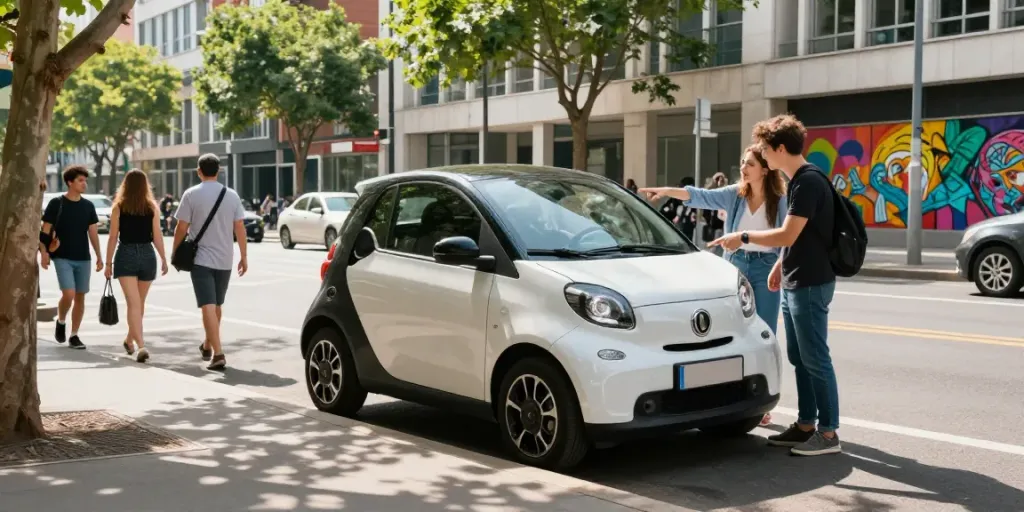 Noleggio lungo termine Aixam in un vivace quartiere urbano con persone interessate al veicolo.