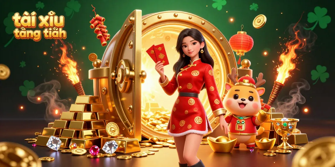 Experience the excitement of tài xỉu tặng tiền with vibrant characters, treasures, and festive joy in a dynamic casino scene.