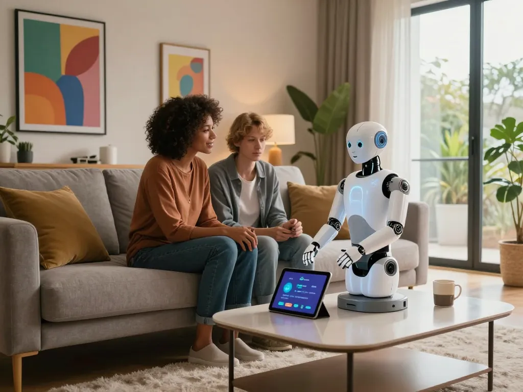 Couple exploring features of a sex bot in a modern living room, highlighting intimacy and technology.