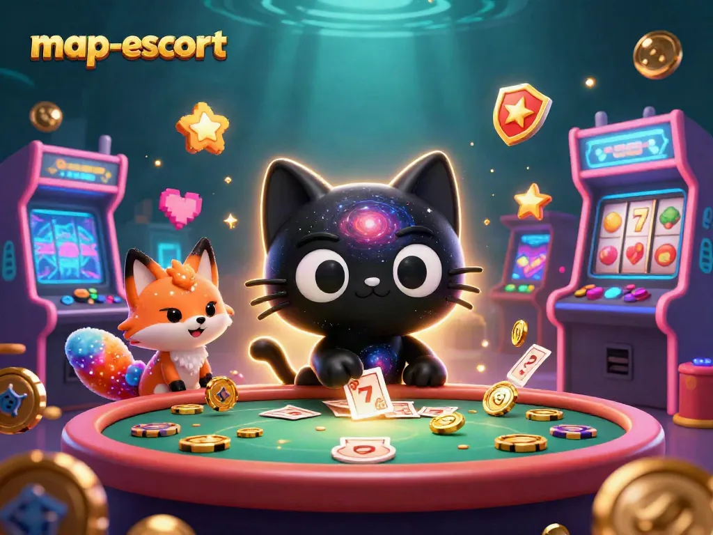Experience the thrill of map-escort in this dynamic cosmic casino scene featuring a black hole cat.