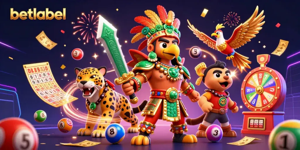 Betlabel's vibrant 3D casino scene with colorful lottery elements and celebratory effects.
