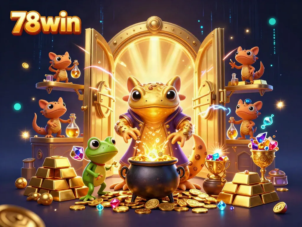Experience thrilling gaming action with 78win's vibrant casino illustration featuring gold treasures.