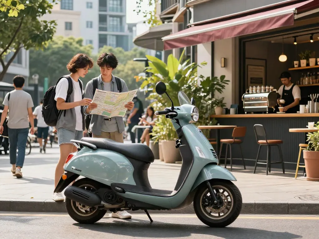 Noleggio lungo termine Kymco con scooter in una vivace scena urbana.