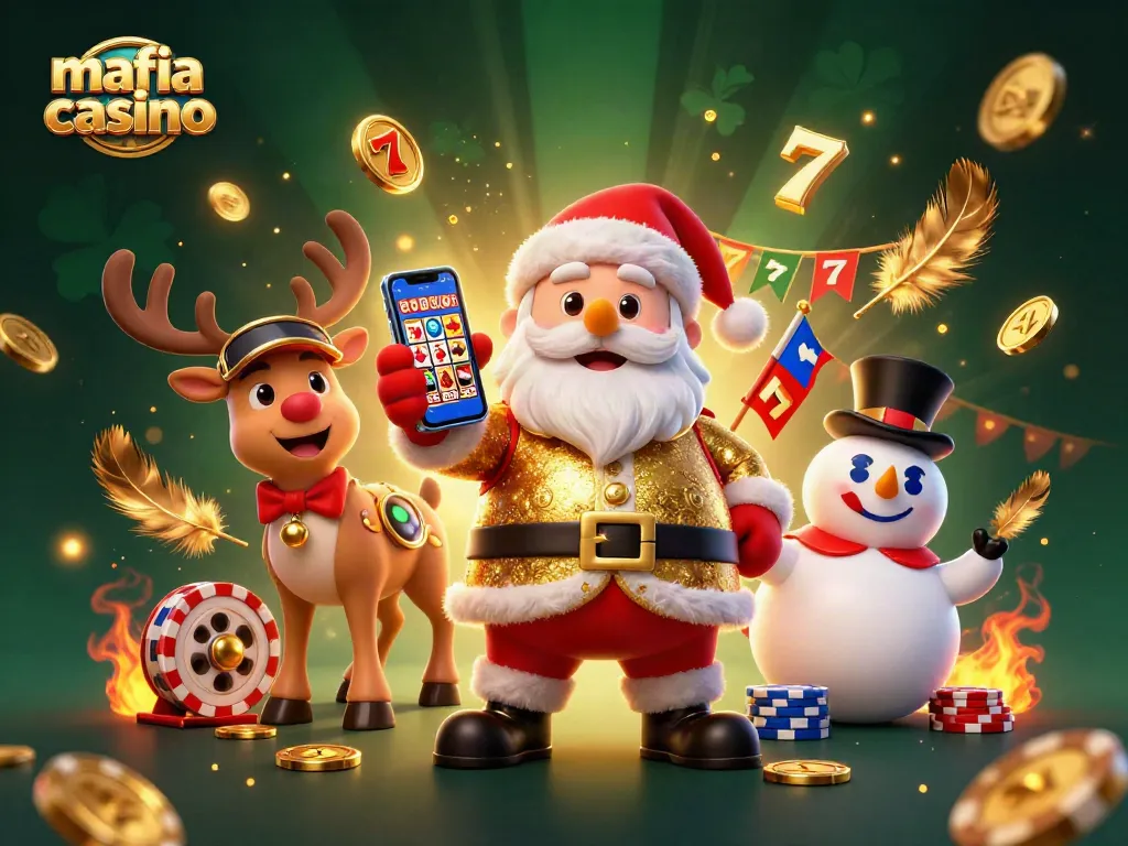 Spin jackpots with Mafia Casino's festive characters in a vibrant casino-themed scene.