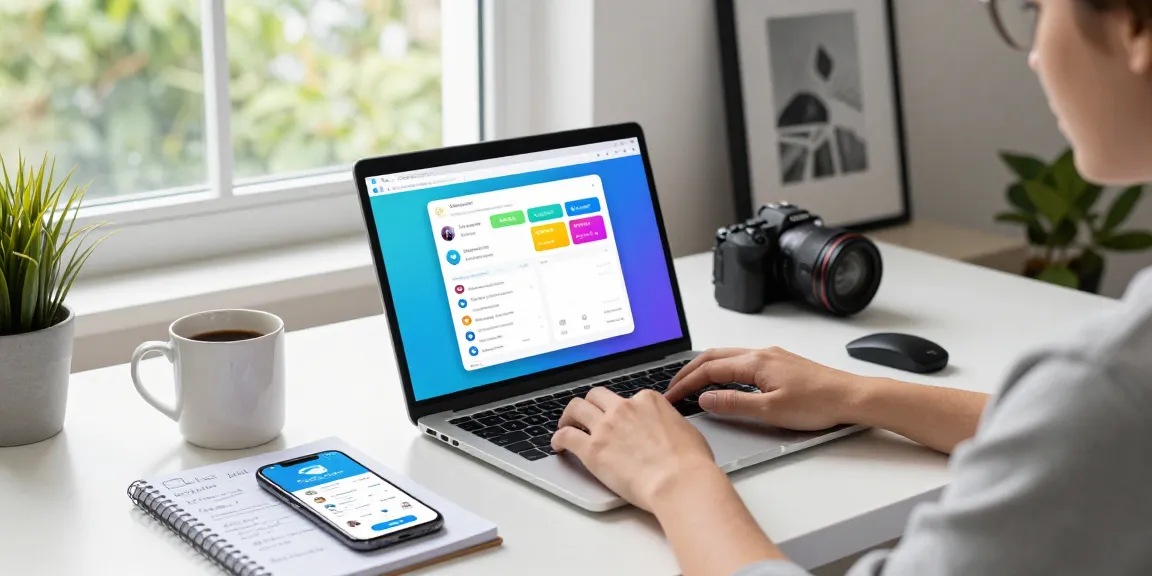 Download Telegram interface on laptop in a bright home office workspace setting with coffee and notes.