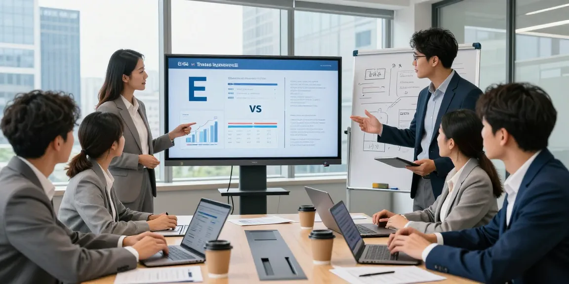 Business professionals comparing EE vs Three business plans in a modern conference room, showcasing teamwork and strategy.