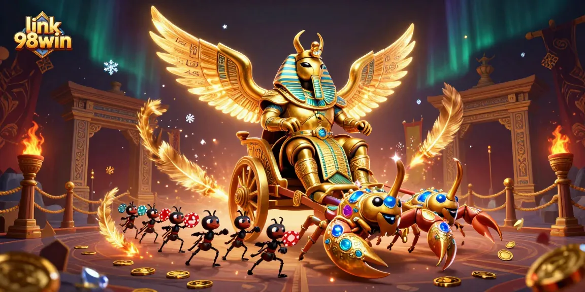 Engage in thrilling gameplay with link 98win, featuring a golden beetle and scorpions in a dynamic casino arena.