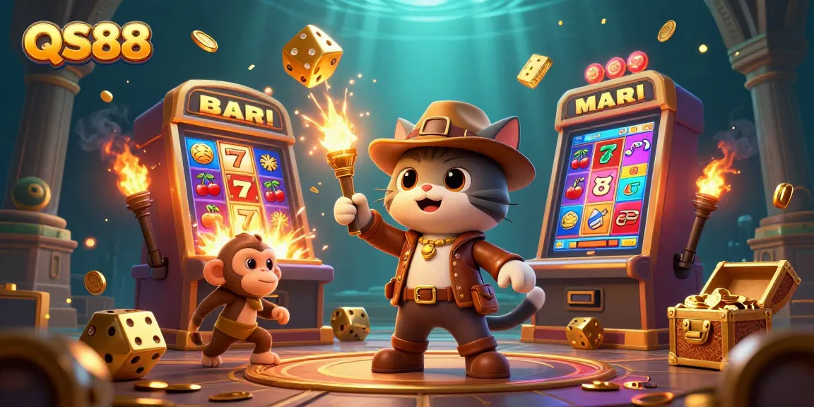 Experience exciting gameplay at QS88 with a 3D cartoon archaeologist cat discovering golden casino artifacts.