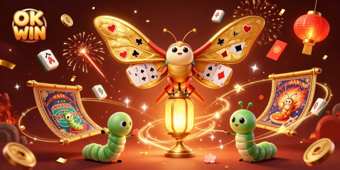OK WIN captures excitement with a vibrant 3D casino scene featuring a majestic moth surrounded by gaming elements.