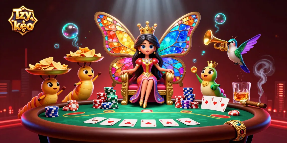 Tỷ lệ kèo shifts as the butterfly queen oversees vibrant poker action with golden chips