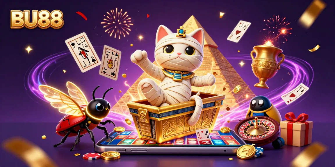 Experience thrilling wins with the BU88 Egyptian mummy cat in a vibrant casino scene.