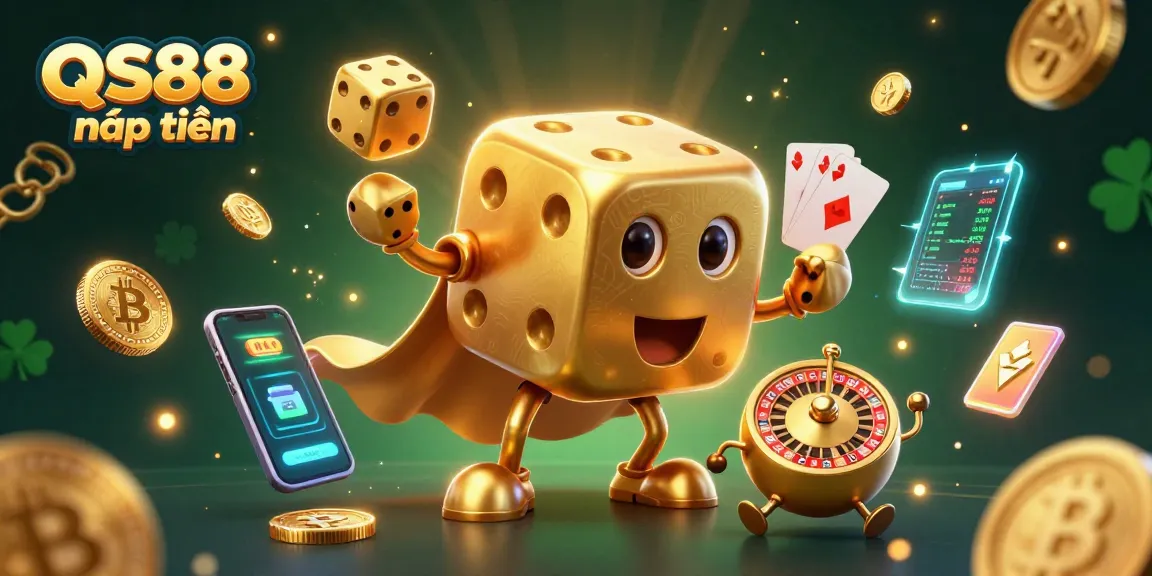 Engage with the vibrant world of QS88 nạp tiền featuring golden dice golem and dazzling crypto elements.