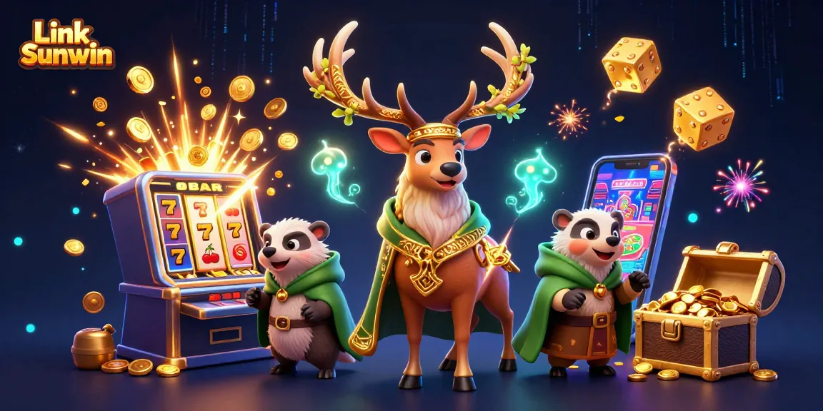 Experience the excitement of Link Sunwin with a vibrant 3D illustration of characters and dynamic casino elements.