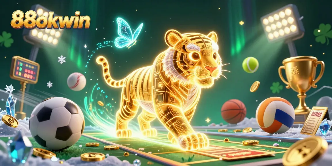 Experience thrilling wins at 88okwin with a lively casino scene featuring a golden tiger and sports elements.