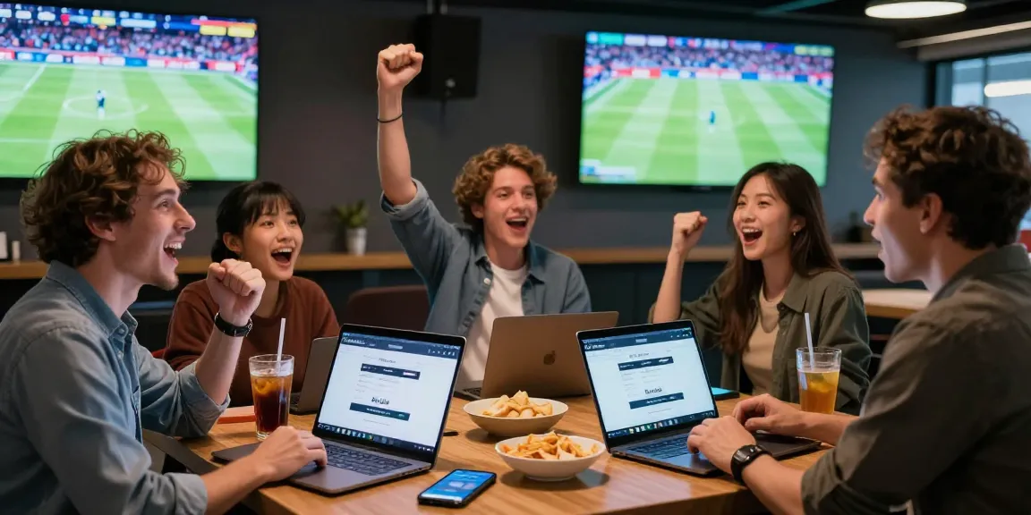 Friends enjoying sports while using BetLabel login at a modern lounge.