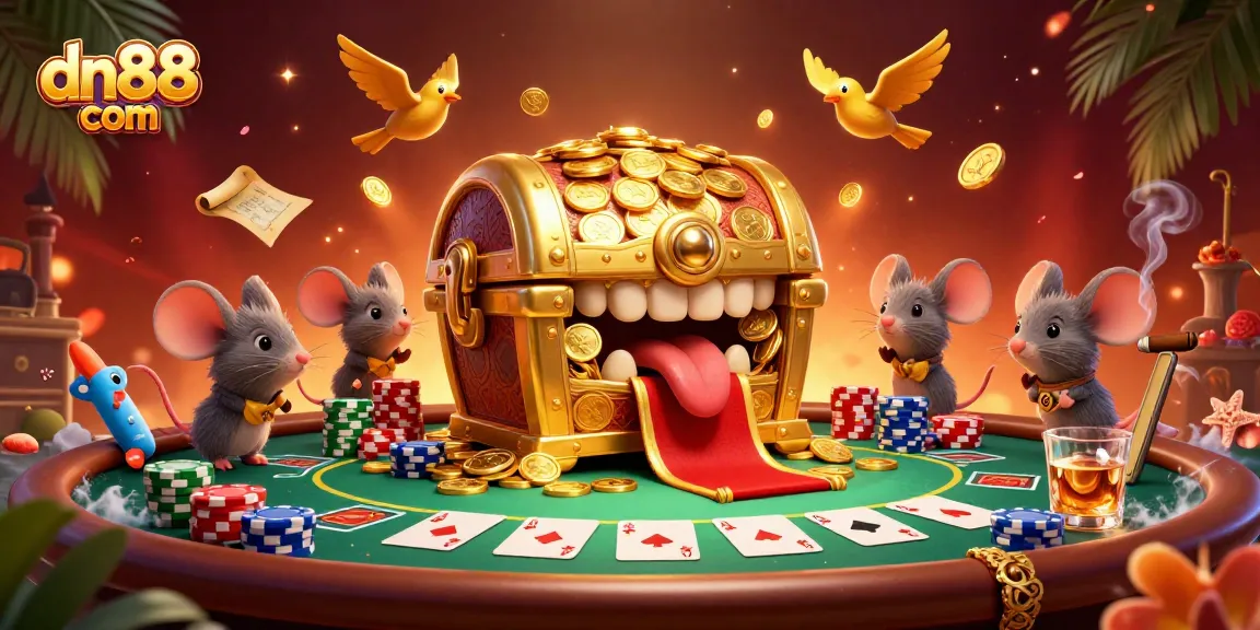 Engage with dn88 com players as cartoon treasure chests lure with riches, surrounded by interactive poker elements.