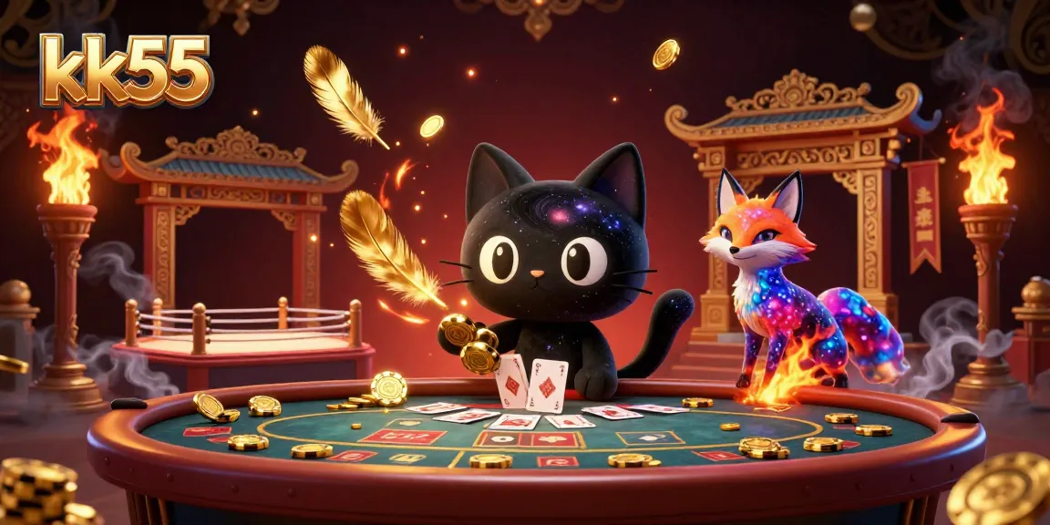 Experience the thrills at kk55 with a cartoon black hole cat attracting golden casino chips in a cosmic setting.