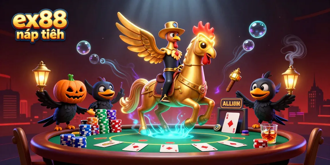 Experience the thrill of ex88 nạp tiền with a golden rooster in a vibrant casino setting.