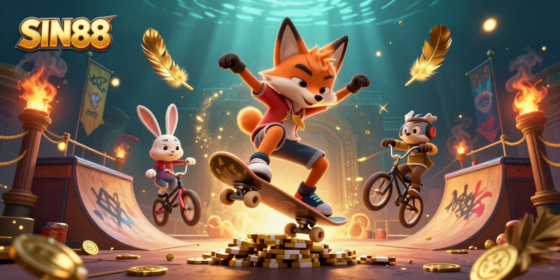 SIN88 showcases a vibrant 3D scene featuring a skateboarder fox and BMX rabbit in a casino-themed environment.