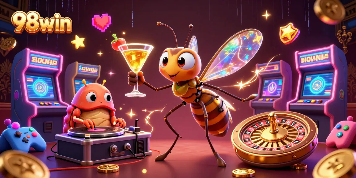 Engage in thrilling gameplay at 98win with a vibrant casino theme illustration featuring iconic game elements.