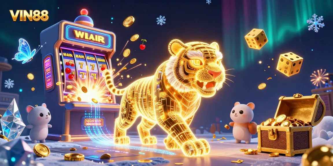 Experience the thrill of VIN88 with a vibrant casino scene, showcasing golden tigers, slot machines, and dynamic game elements.