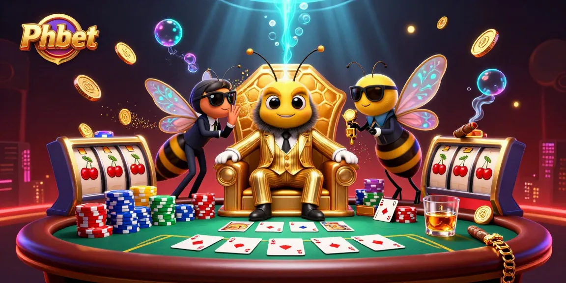 Phbet gameplay scene with a cartoon bumblebee mob boss and poker elements showcasing vibrant casino excitement.